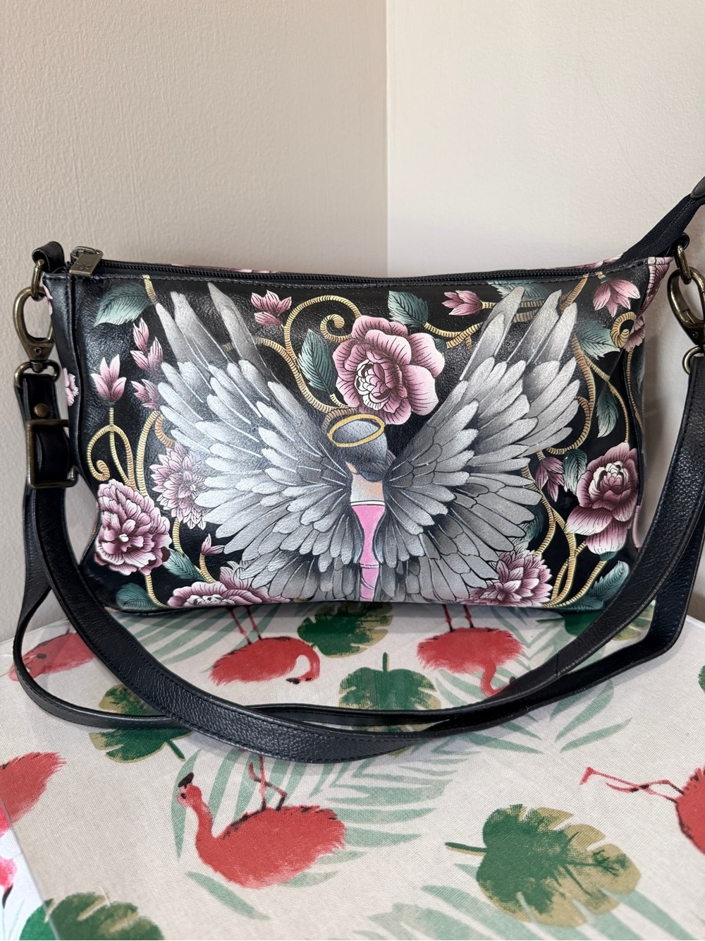 Anuschka Guardian Angel Black Leather Bag Shoulder or Crossbody